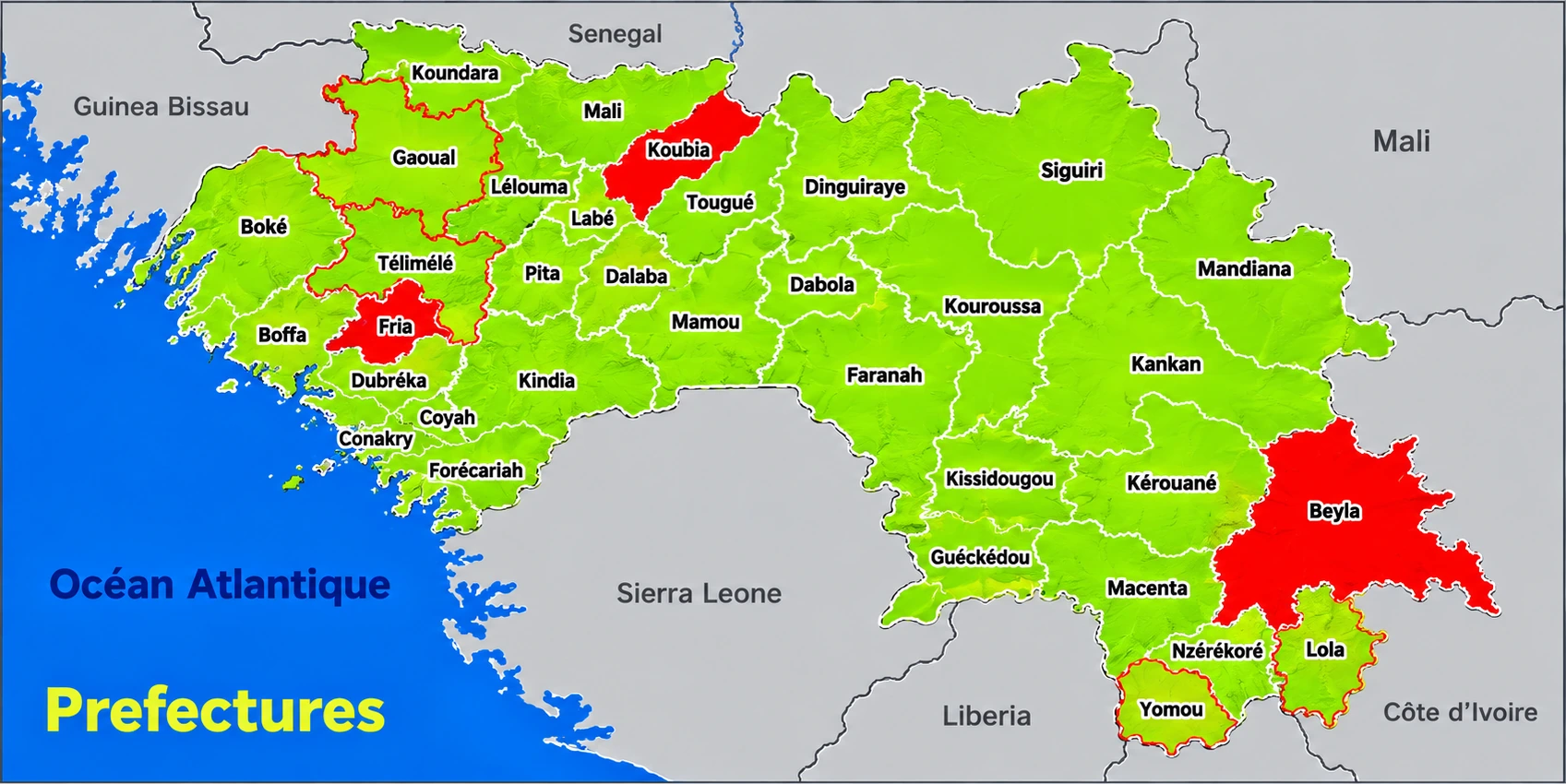 Carte des villes desservies par la SEG en Guinée